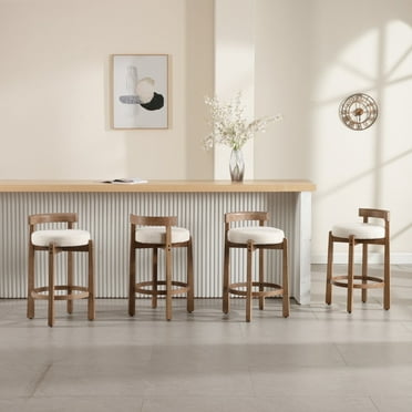 Guyou Counter Height Stools Set of 4, Mid Century Modern 27" Armless Island Bar Stools with Curved Back and Wooden Frame, Round Kitchen Stools with Footrest for Restaurant Bar Kitchen Island, Beige