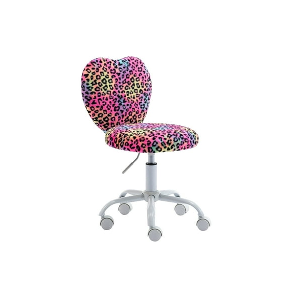 Guyou Cute Fluffy Kids Chair for Teen Girls Rolling Study Desk Student Chair, Fluffy Computer Task Chair, Adjustable Heart Shaped Bedroom Reading Dresser Chair, Leopard