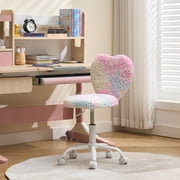 Guyou Cute Fuzzy Kids Chair, Faux Fur Rolling Swivel Children Desk Chair, Adjustable Student Task Chair Vanity Chair with Heart Shaped Back for Bedroom Living Room Study Room Kids Room , Colorful