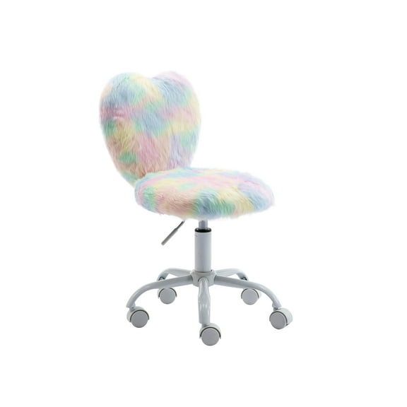 Guyou Cute Fuzzy Kids Chair, Faux Fur Rolling Swivel Children Desk Chair, Adjustable Student Task Chair Vanity Chair with Heart Shaped Back for Bedroom Living Room Study Room Kids Room , Multicolor