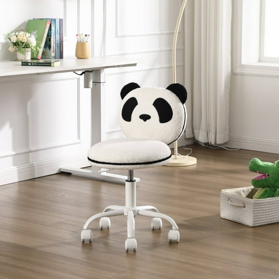 Guyou Cute Fuzzy Kids Chair, Faux Fur Rolling Swivel Children Desk Chair, Adjustable Student Task Chair Vanity Chair with Panda shaped Back for Living Room Study Room Kids Room , Black