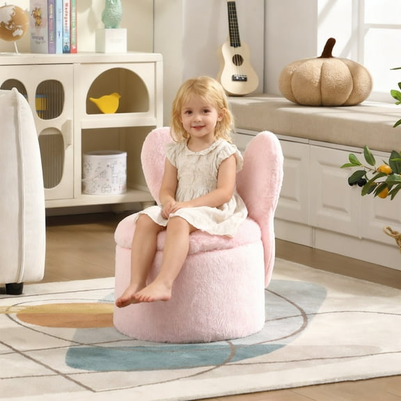 Guyou Cute Kids Storage Stool, Upholstered Kids Reading Chair with Butterfly Shaped Back, Faux Fur Toddler Chair with Storage for Playroom Kindergarten Bedroom, Pink