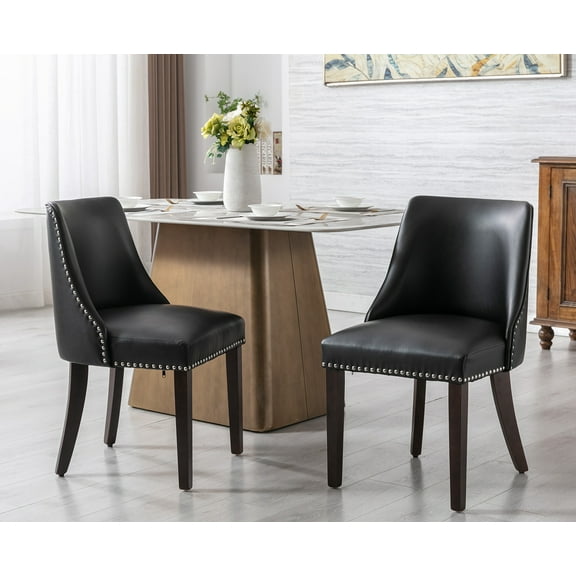 Guyou Dining Chairs Set of 2, Mid Century Modern Faux Leather Upholstered Farmhouse Side Chairs with Nailhead and High Back for Kitchen Restaurant, Black