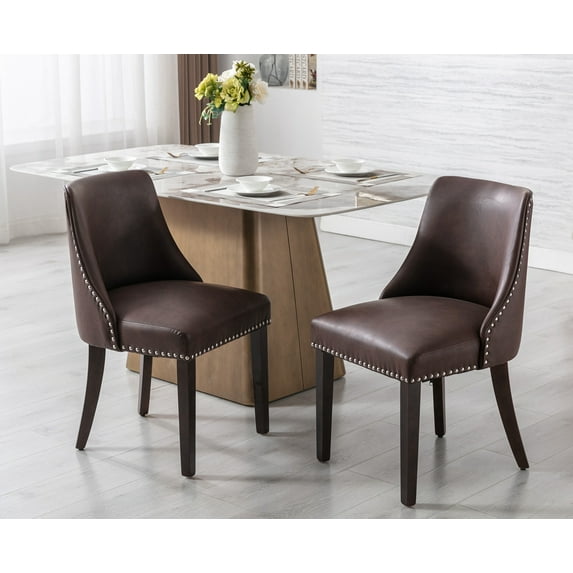 Guyou Dining Chairs Set of 2, Mid Century Modern Faux Leather Upholstered Farmhouse Side Chairs with Nailhead and High Back for Kitchen Restaurant, Chocolate