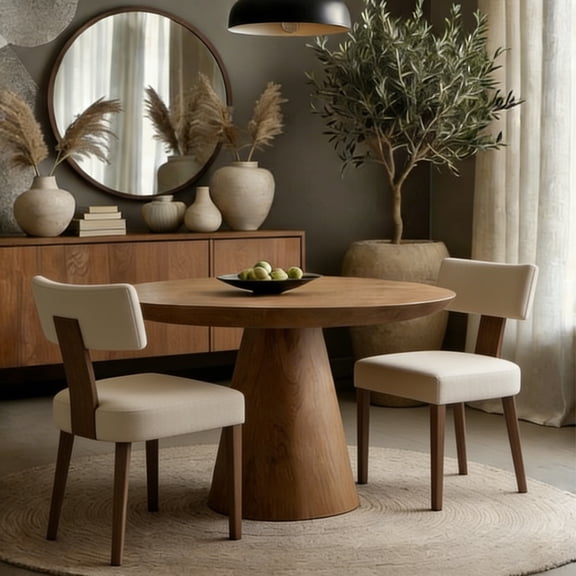 Guyou Dining Chairs Set of 2, Mid-Century Modern Linen Upholstered Kitchen Chairs with Curved Backrest, Wooden Side Chairs for Dining Kitchen Living Room Bedroom, Beige