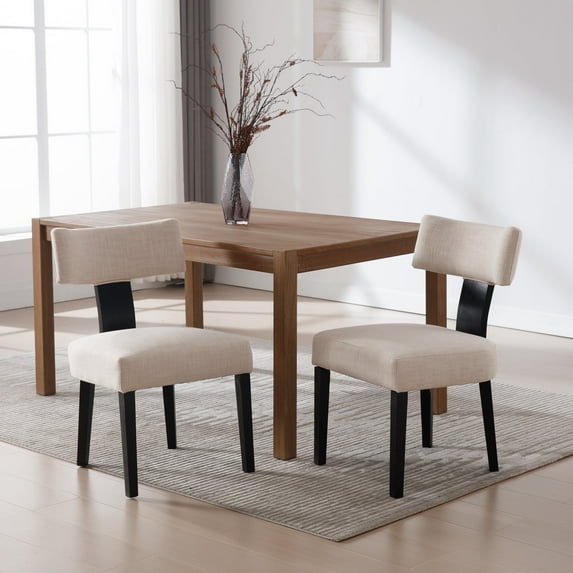 Guyou Dining Chairs Set of 2, Mid-Century Modern Linen Upholstered Kitchen Chairs with Curved Backrest, Wooden Side Chairs for Dining Kitchen Living Room Bedroom, Beige