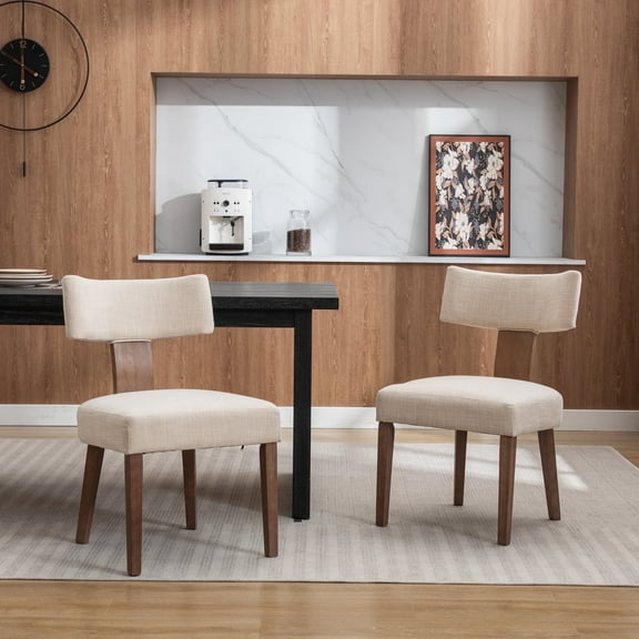 Guyou Dining Chairs Set of 2, Mid-Century Modern Linen Upholstered Kitchen Chairs with Curved Backrest, Wooden Side Chairs for Dining Kitchen Living Room Bedroom, Beige