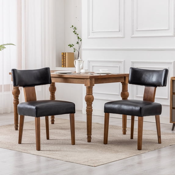 Guyou Dining Chairs Set of 2, Mid-Century Modern PU Upholstered Kitchen Chairs with Curved Backrest, Wooden Side Chairs for Dining Kitchen Living Room Bedroom, Black