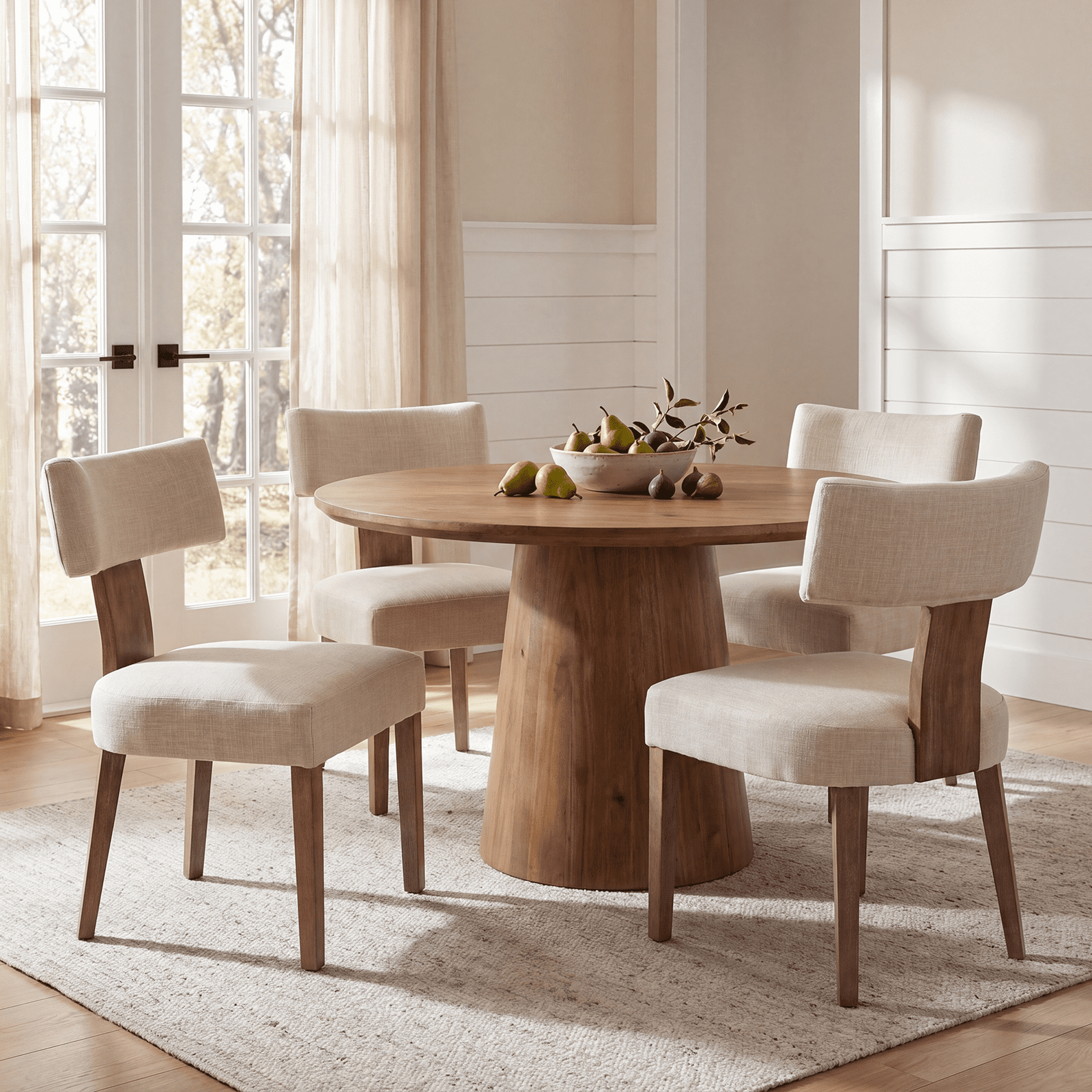 Guyou Dining Chairs Set of 4, Mid-Century Modern Linen Upholstered Kitchen Chairs with Curved Backrest, Wooden Side Chairs for Dining Kitchen Living Room Bedroom, Beige