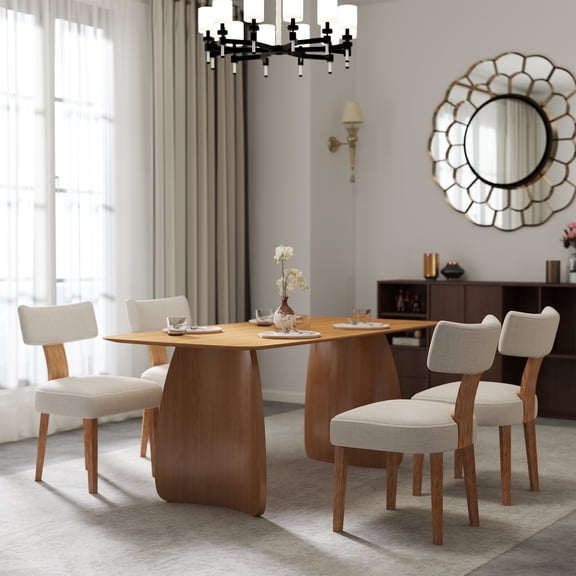 Guyou Dining Chairs Set of 4, Mid-Century Modern Linen Upholstered Kitchen Chairs with Curved Backrest, Wooden Side Chairs for Dining Kitchen Living Room Bedroom, Beige