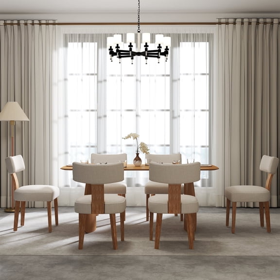 Guyou Dining Chairs Set of 6, Mid-Century Modern Linen Upholstered Kitchen Chairs with Curved Backrest, Wooden Side Chairs for Dining Kitchen Living Room Bedroom, Beige