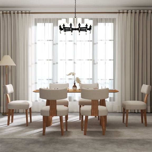 Guyou Dining Chairs Set of 6, Mid-Century Modern Linen Upholstered Kitchen Chairs with Curved Backrest, Wooden Side Chairs for Dining Kitchen Living Room Bedroom, Beige