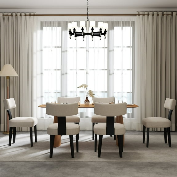 Guyou Dining Chairs Set of 6, Mid-Century Modern Linen Upholstered Kitchen Chairs with Curved Backrest, Wooden Side Chairs for Dining Kitchen Living Room Bedroom, Beige