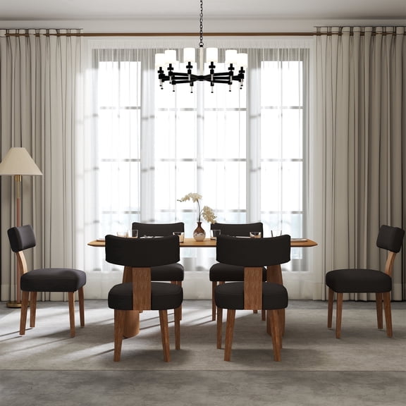 Guyou Dining Chairs Set of 6, Mid-Century Modern Linen Upholstered Kitchen Chairs with Curved Backrest, Wooden Side Chairs for Dining Kitchen Living Room Bedroom, Charcoal
