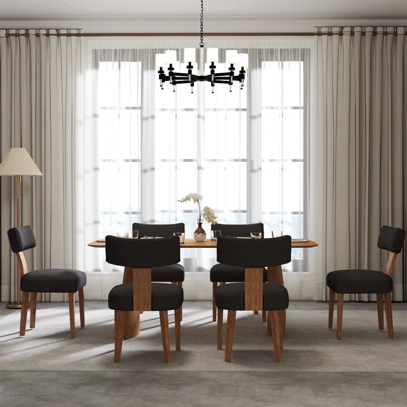 Guyou Dining Chairs Set of 6, Mid-Century Modern Linen Upholstered Kitchen Chairs with Curved Backrest, Wooden Side Chairs for Dining Kitchen Living Room Bedroom, Charcoal