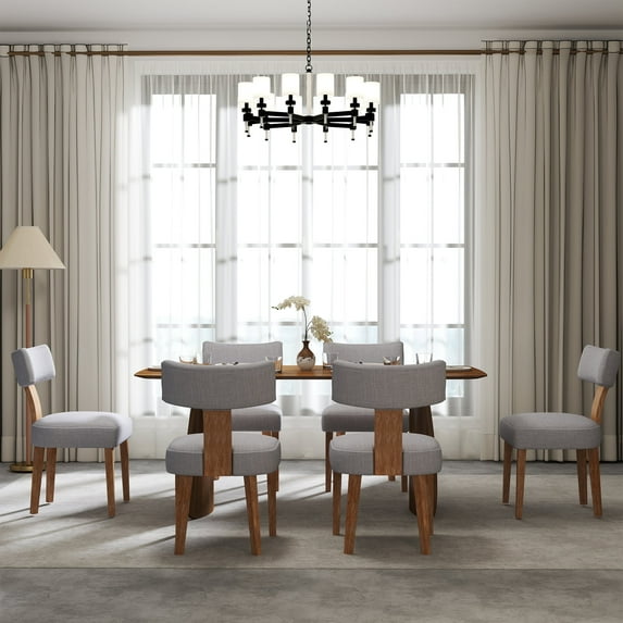 Guyou Dining Chairs Set of 6, Mid-Century Modern Linen Upholstered Kitchen Chairs with Curved Backrest, Wooden Side Chairs for Dining Kitchen Living Room Bedroom, Grey