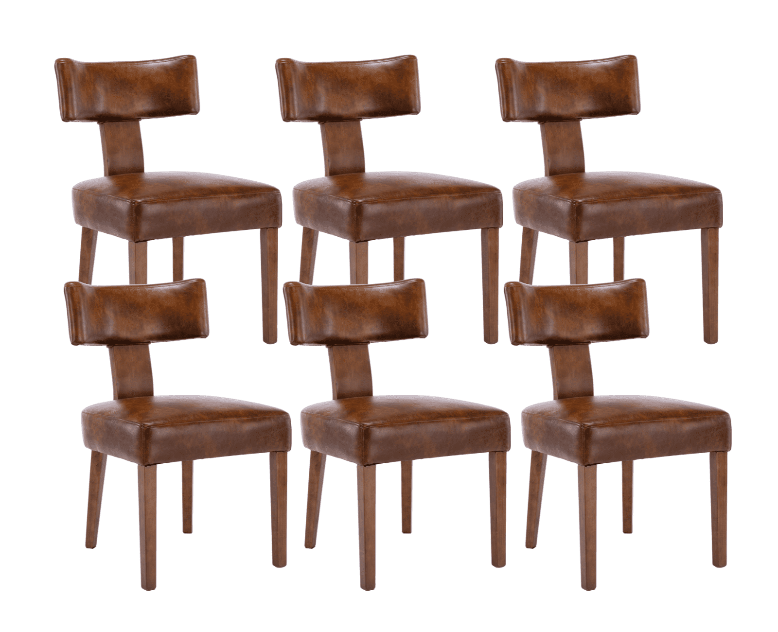 Guyou Dining Chairs Set of 6, Mid-Century Modern PU Upholstered Kitchen Chairs with Curved Backrest, Wooden Side Chairs for Dining Kitchen Living Room Bedroom, Brown