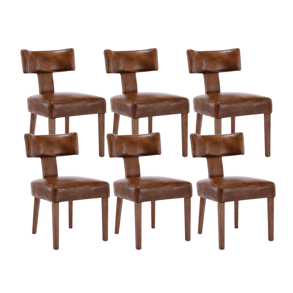 Guyou Dining Chairs Set of 6, Mid-Century Modern PU Upholstered Kitchen Chairs with Curved Backrest, Wooden Side Chairs for Dining Kitchen Living Room Bedroom, Brown