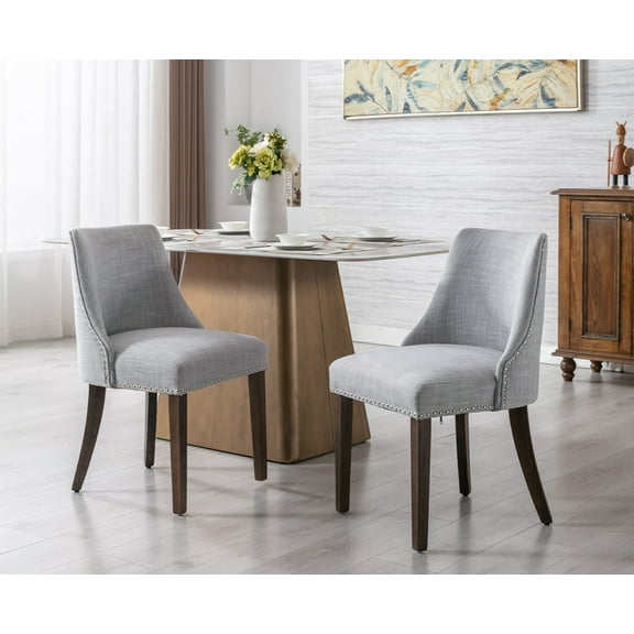 Guyou Dining Chairs Set of 2, Mid Century Modern Linen Upholstered Farmhouse Side Chairs with Nailhead and High Back for Kitchen Restaurant, Grey