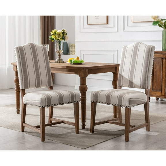 Guyou Elegant Dining Chairs Set of 2, Mid-century Linen Wooden Farmhouse Parsons Chair with Nailhead Trim for Dining Room, Beige with Brown Stripes