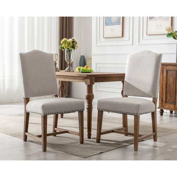 Guyou Elegant Dining Chairs Set of 2, Mid-century Linen Wooden Farmhouse Parsons Chair with Nailhead Trim for Dining Room, Beige