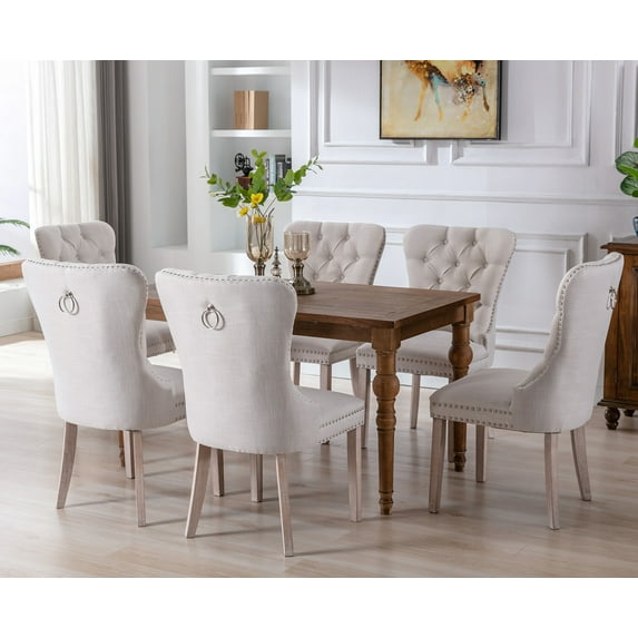 Guyou Elegant Solid Wood Dining Chair (Set of 2), Linen Fabric Button Tufted Wingback Upholstered Side Chairs with Nailhead Trim and Pull Ring for Kitchen Dining Room Bedroom, Beige