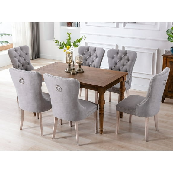 Guyou Elegant Solid Wood Dining Chair (Set of 2), Linen Fabric Button Tufted Wingback Upholstered Side Chairs with Nailhead Trim and Pull Ring for Kitchen Dining Room Bedroom, Grey