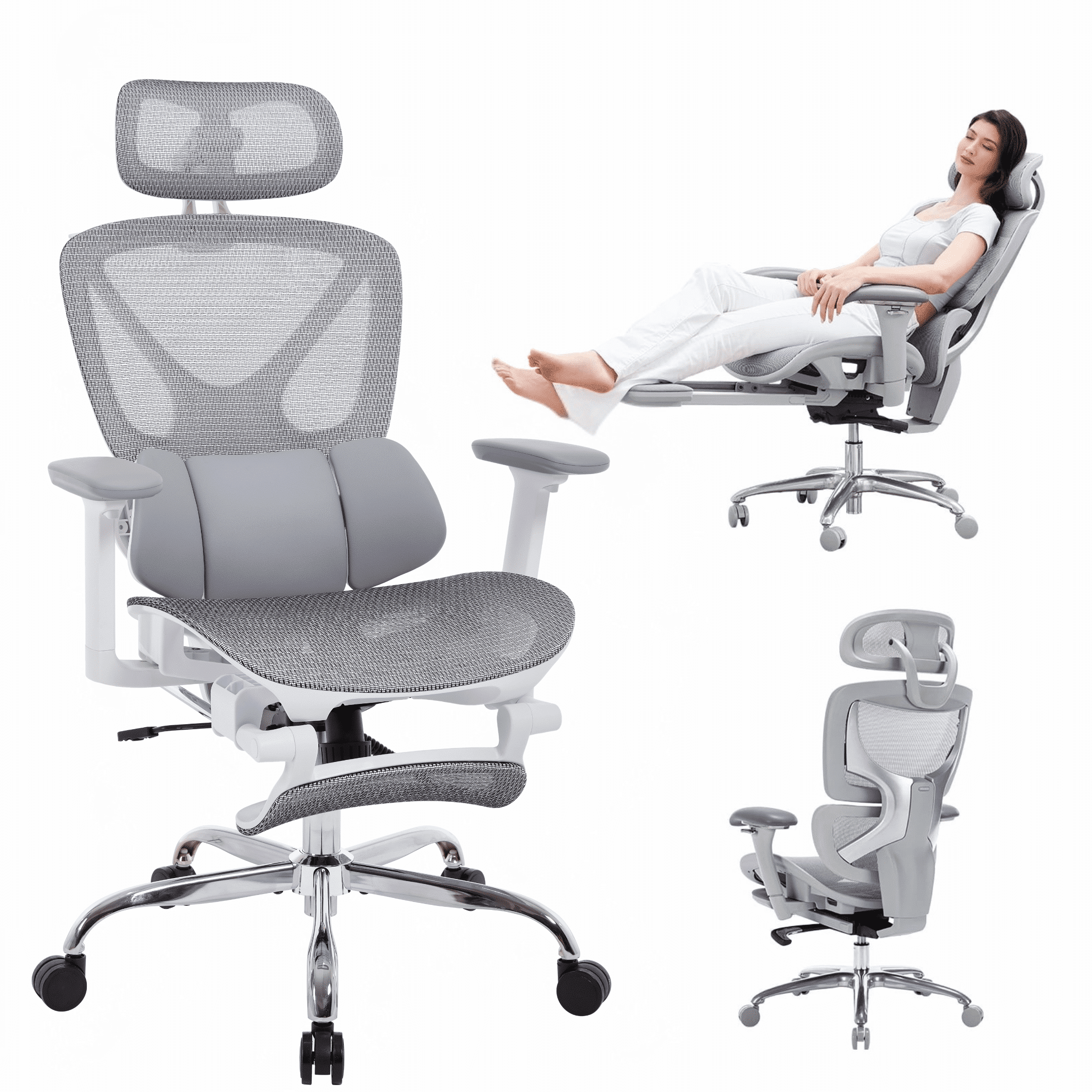 Guyou Ergonomic Office Chair, Mesh Desk Chair with Adjustable 3D Armrests, Lumbar Support, 2D Headrest, Tilt, Grey