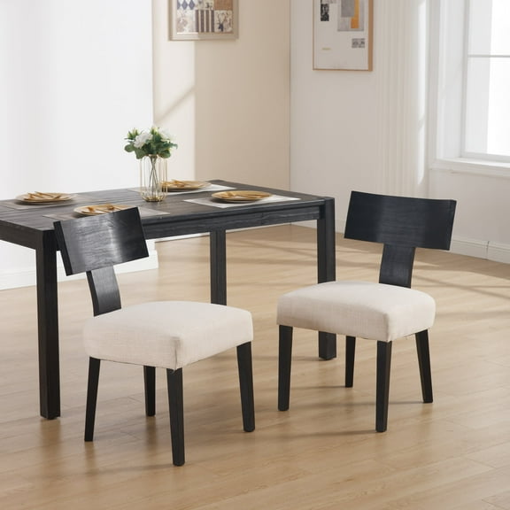 Guyou Farmhouse Dining Chair Set of 2, Linen Upholstered Kitchen Chairs with Solid Wood Backrest, Wooden Armless Side Chairs for Dining Room Kitchen, Beige Fabric