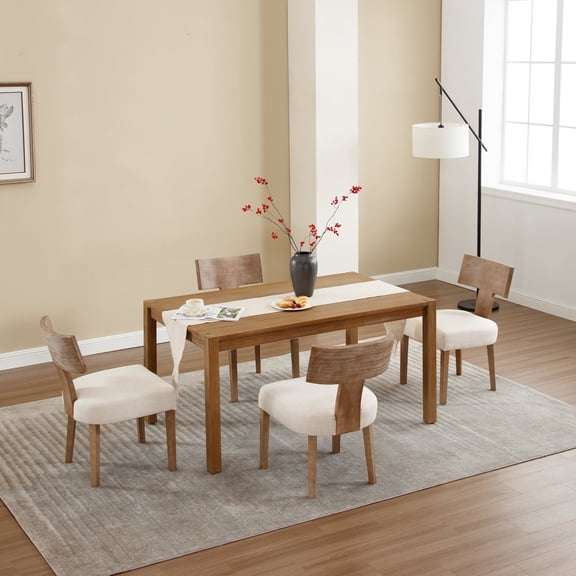 Guyou Farmhouse Dining Chair Set of 4, Linen Upholstered Kitchen Chairs with Solid Wood Backrest, Wooden Armless Side Chairs for Dining Room Kitchen, Beige Fabric