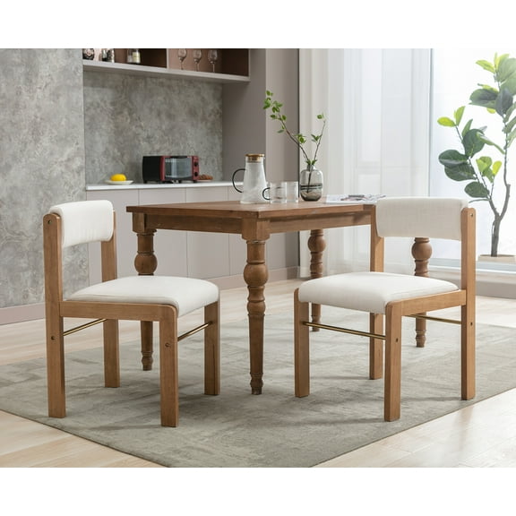 Guyou Farmhouse Dining Chair Set of 2, Linen Upholstered Kitchen Chair with Adjustable Back, Wooden Armless Accent Side Chair, Beige
