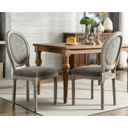 Guyou Farmhouse Dining Chairs Set of 2, French Wooden Country Upholstered Faux Leather Oval Side Chair with Round Back for Restaurant Living Room Kitchen Dining Room, Grey