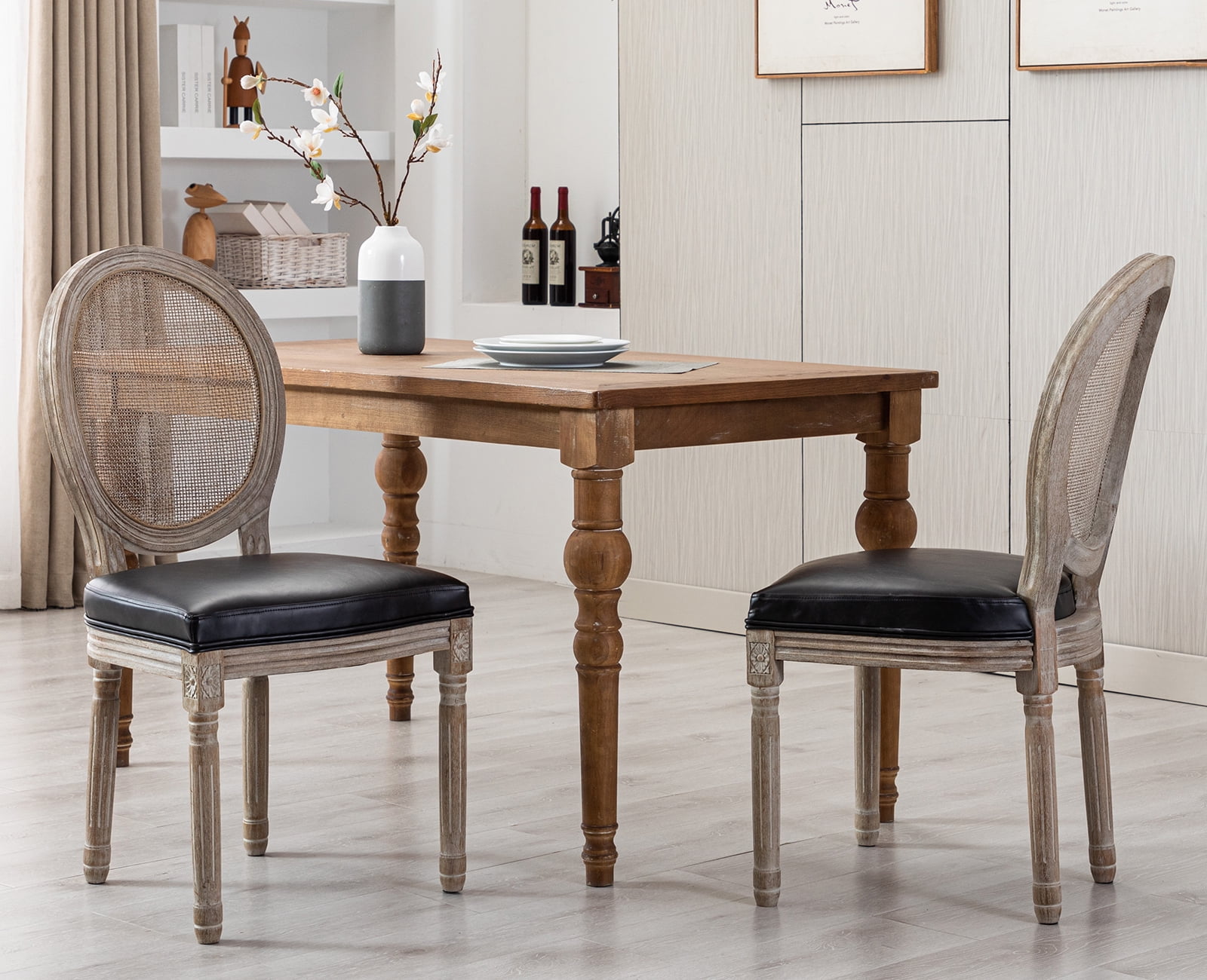 Guyou Farmhouse Dining Chairs Set of 2 French Wooden Country Upholstered Faux Leather Oval Side Chair with Round Rattan Back for Restaurant Living Room Kitchen Dining Room Black Walmart