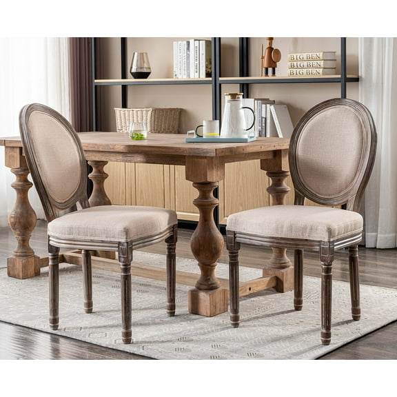 Guyou Farmhouse Dining Chairs Set of 2, French Wooden Country Upholstered Linen Oval Side Chair with Round Back for Restaurant Living Room Kitchen Dining Room, Beige