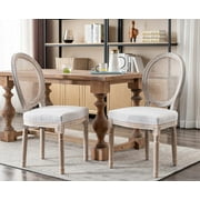 Guyou Farmhouse Dining Chairs Set of 2, French Wooden Country Upholstered Linen Oval Side Chair with Round Rattan Back for Restaurant Living Room Kitchen Dining Room, Beige