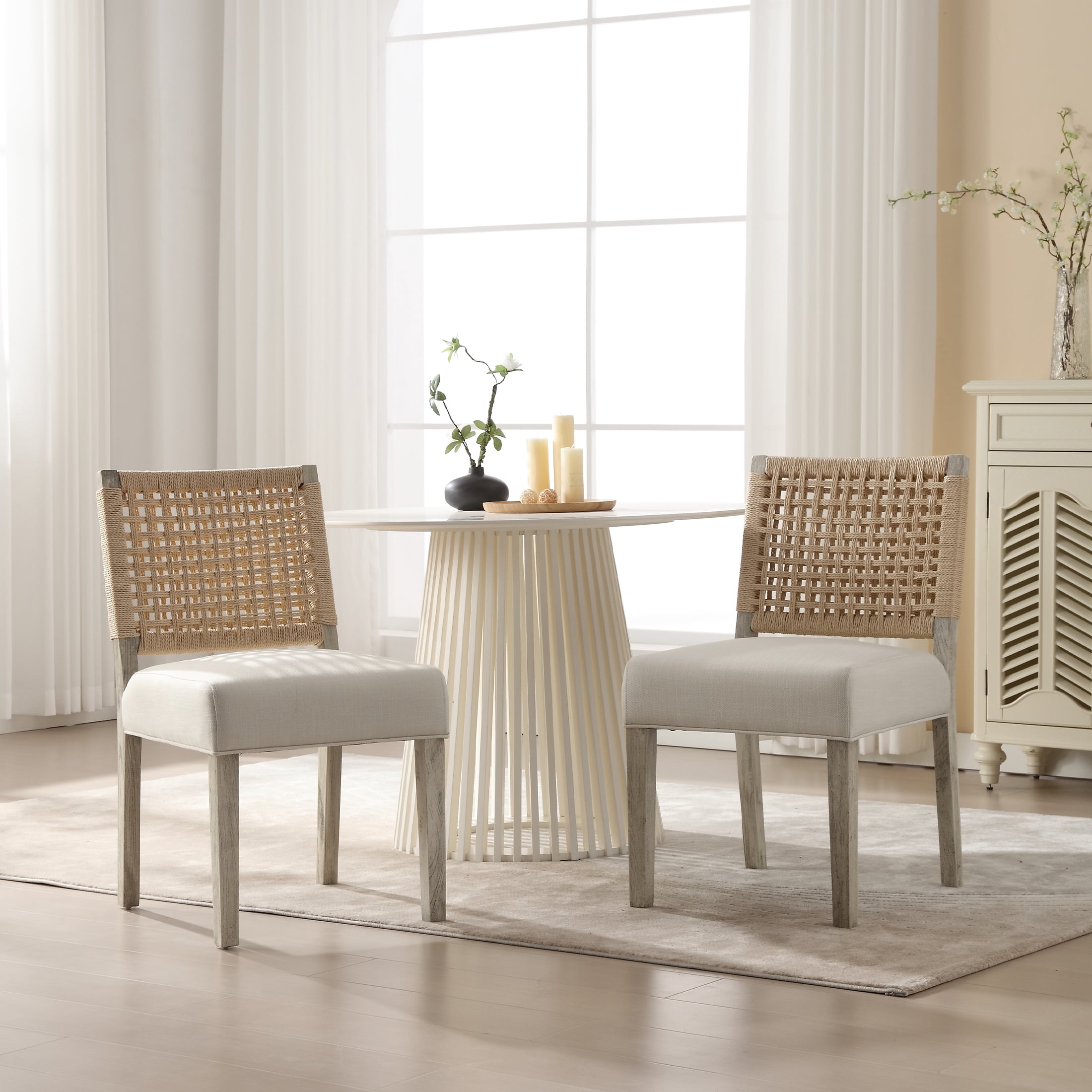 Guyou Farmhouse Dining Chairs Set of 2, Linen Upholstered Kitchen Chairs with Woven Rope Backrest, Mid Century Modern Solid Wood Side Chairs for Kitchen Dining Room, Ivory