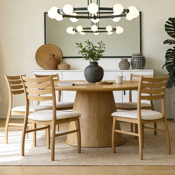 Guyou Farmhouse Dining Chairs Set of 4, Mid-Century Modern Solid Wood Dining Side Chairs, Sherpa Upholstered Kitchen Chairs with Ladder Back for Dining Room Living Room Restaurant, Natural Frame