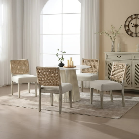Guyou Farmhouse Dining Chairs Set of 4, Linen Upholstered Kitchen Chairs with Woven Rope Backrest, Mid Century Modern Solid Wood Side Chairs for Kitchen Dining Room, Ivory