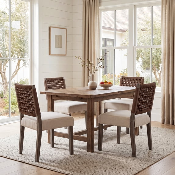 Guyou Farmhouse Dining Chairs Set of 4, Linen Upholstered Kitchen Chairs with Woven Rope Backrest, Mid Century Modern Solid Wood Side Chairs for Kitchen Dining Room, Beige