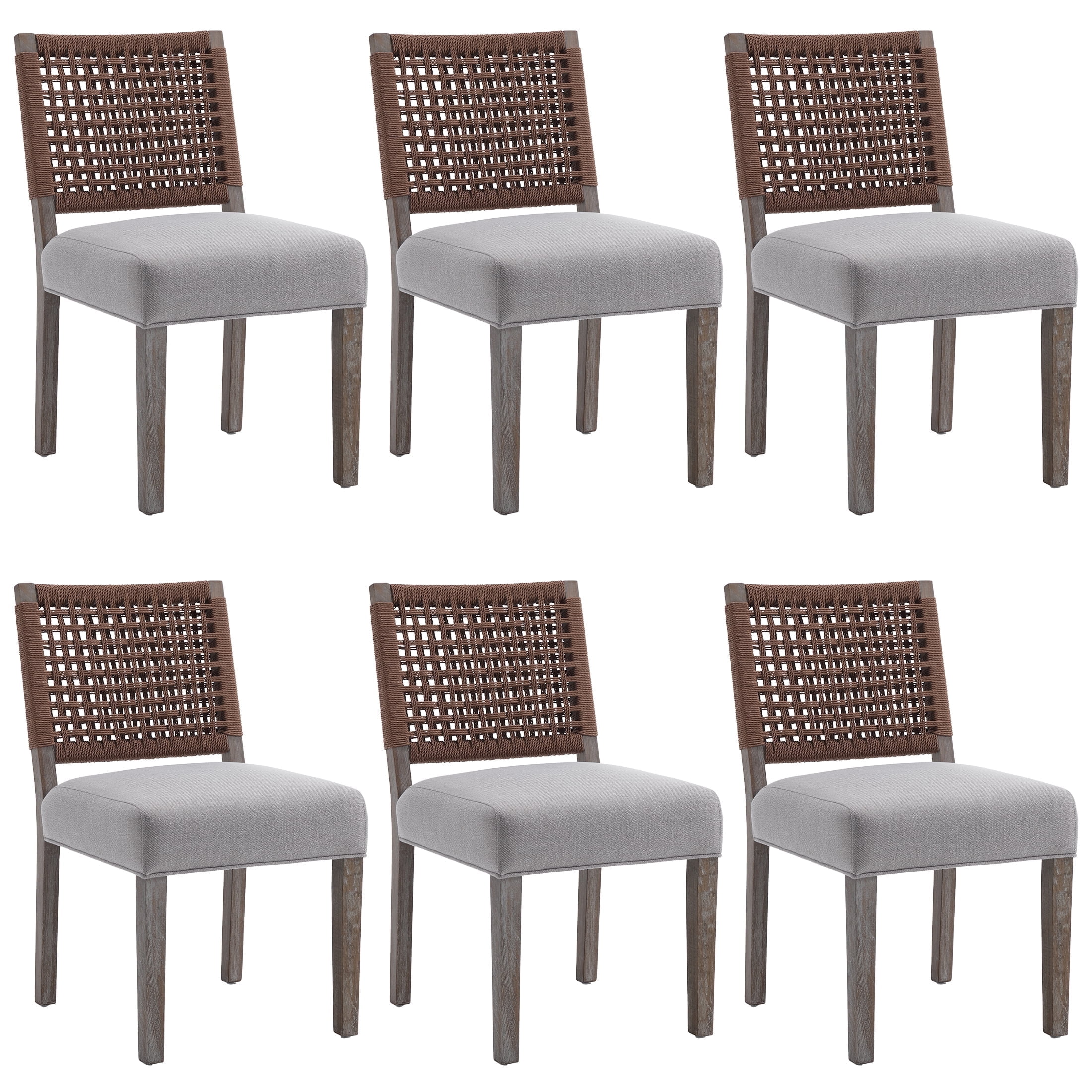 Guyou Farmhouse Dining Chairs Set of 6, Linen Upholstered Kitchen Chairs with Woven Rope Backrest, Mid Century Modern Solid Wood Side Chairs for Kitchen Dining Room, Grey