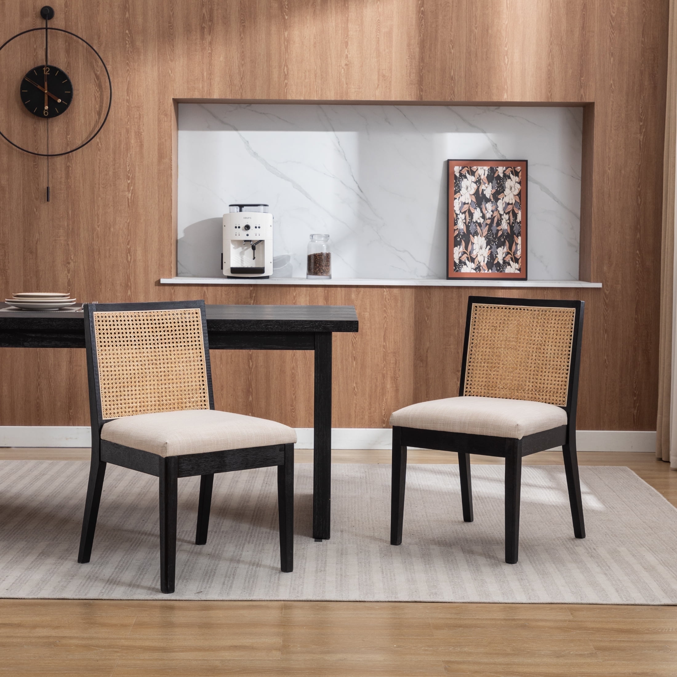 Guyou Farmhouse Rattan Dining Chairs Set of 2, Mid Century Modern Dining Side Chairs with Black Hardwood Frame, Linen Upholstered French Country Kitchen Chairs for Dining Room Bistro, Beige