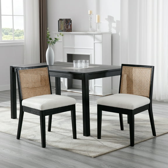 Guyou Farmhouse Rattan Dining Chairs Set of 2, Mid Century Modern Dining Side Chairs with Black Hardwood Frame, Sherpa Upholstered French Country Kitchen Chairs for Dining Room Bistro, White