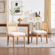 Guyou Farmhouse Rattan Dining Chairs Set of 2, Modern Wooden Kitchen Chairs with Cane Back, Chenille Upholstered Dining Room Chairs, Boho Wicker Woven Dining Side Chairs for Dining Room, White