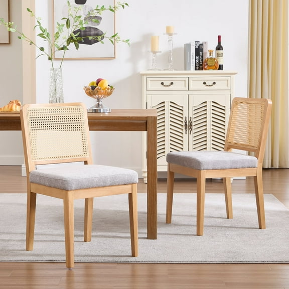 Guyou Farmhouse Rattan Dining Chairs Set of 2, Modern Wooden Kitchen Chairs with Cane Back, Chenille Upholstered Dining Room Chairs, Boho Wicker Woven Dining Side Chairs for Dining Room, Grey