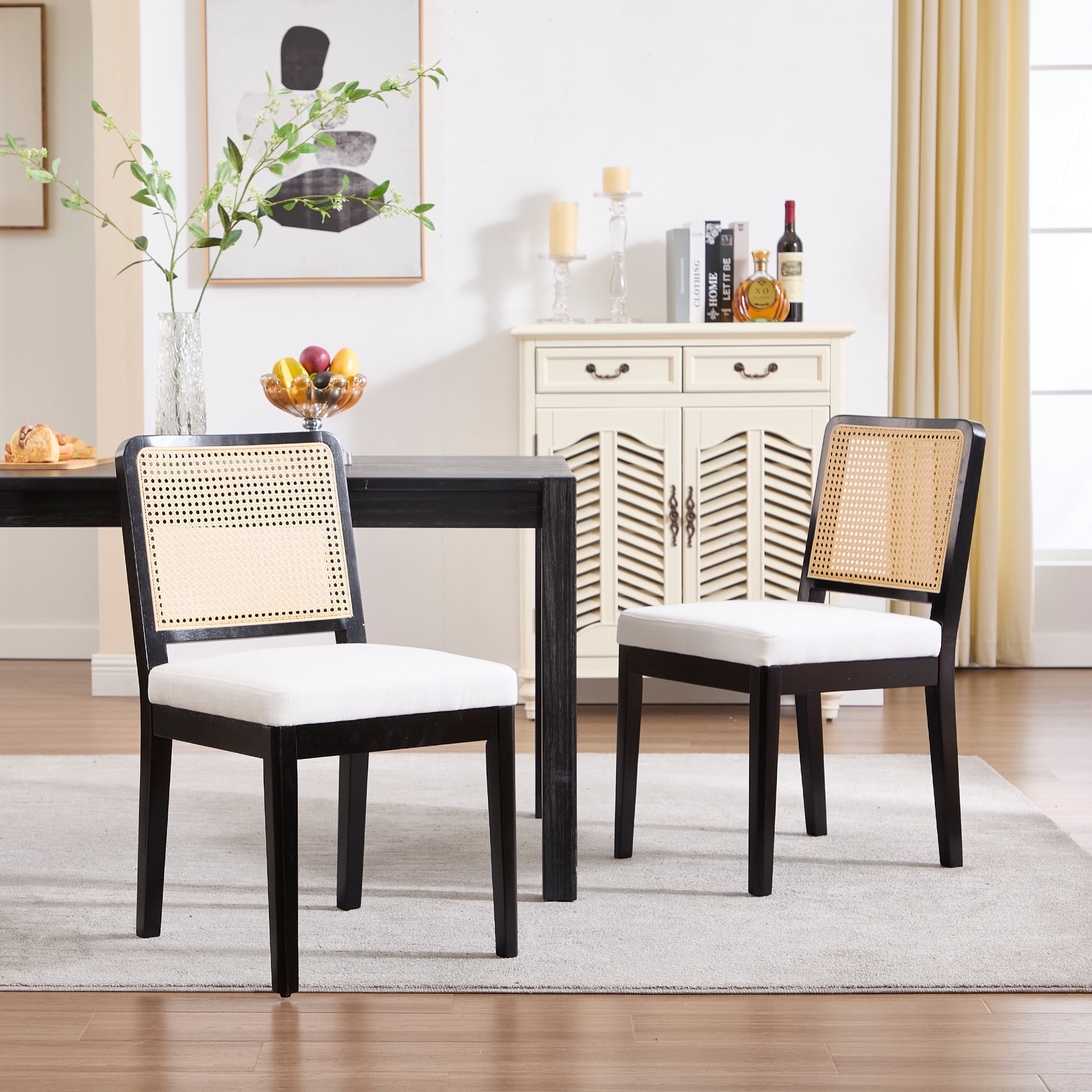 Guyou Farmhouse Rattan Dining Chairs Set of 2, Modern Wooden Kitchen Chairs with Cane Back, Linen Upholstered Dining Room Chairs, Boho Wicker Woven Dining Side Chairs for Dining Room, Beige
