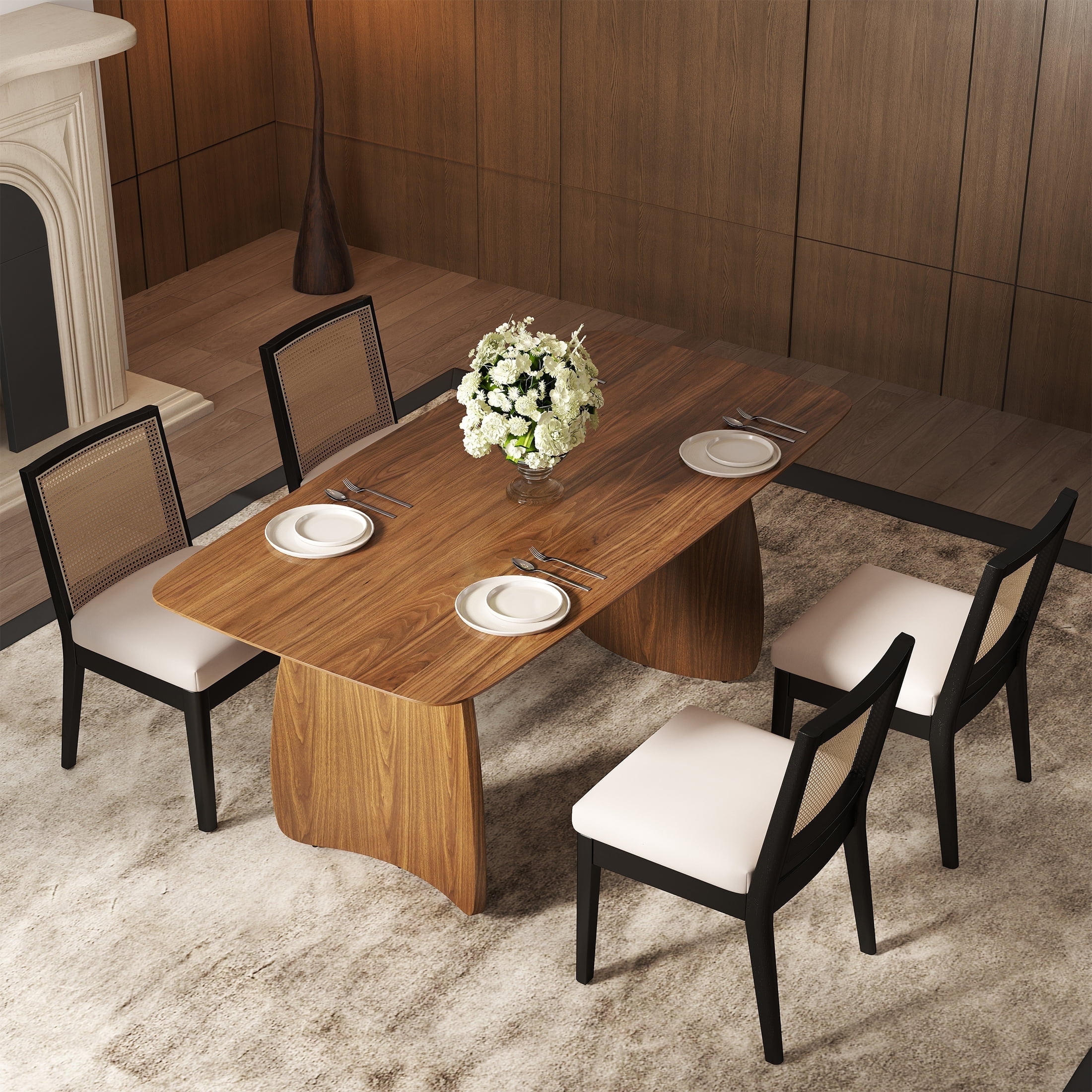 Guyou Farmhouse Rattan Dining Chairs Set of 4, Mid Century Modern Dining Side Chairs with Black Hardwood Frame, Linen Upholstered French Country Kitchen Chairs for Dining Room Bistro, Beige
