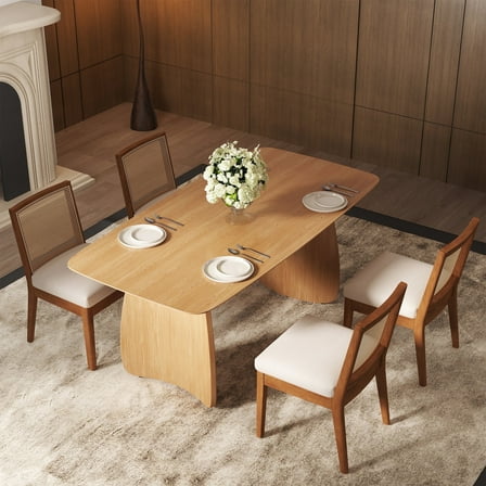 Guyou Farmhouse Rattan Dining Chairs Set of 4, Mid Century Modern Dining Side Chairs with Natural Hardwood Frame, Linen Upholstered French Guyou Kitchen Chairs for Dining Room Bistro, Beige