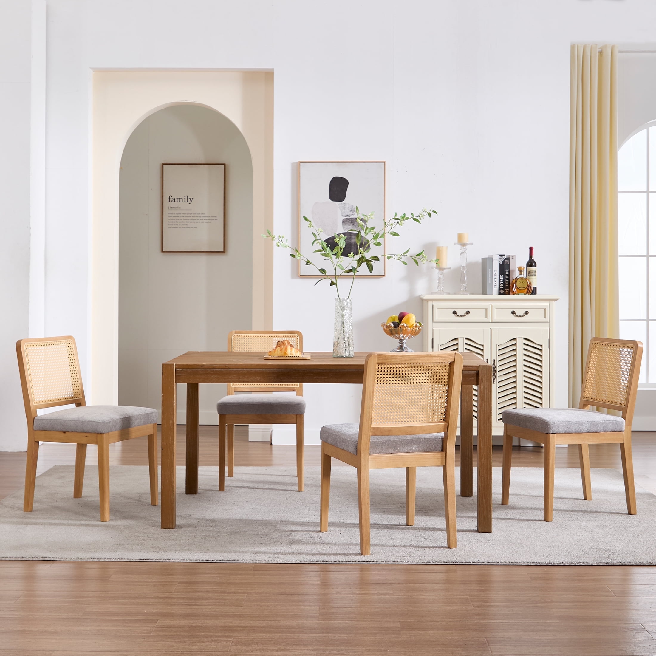 Guyou Farmhouse Rattan Dining Chairs Set of 4, Modern Wooden Kitchen Chairs with Cane Back, Chenille Upholstered Dining Room Chairs, Boho Wicker Woven Dining Side Chairs for Dining Room, Grey