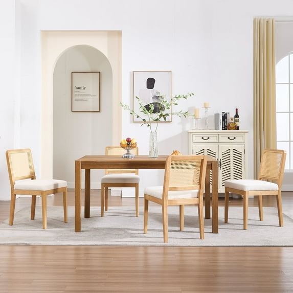 Guyou Farmhouse Rattan Dining Chairs Set of 4, Modern Wooden Kitchen Chairs with Cane Back, Chenille Upholstered Dining Room Chairs, Boho Wicker Woven Dining Side Chairs for Dining Room, White