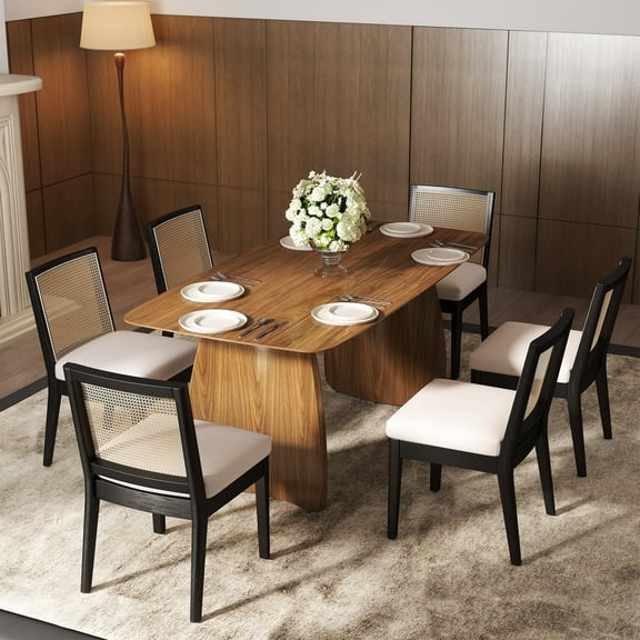 Guyou Farmhouse Rattan Dining Chairs Set of 6, Mid Century Modern Dining Side Chairs with Black Hardwood Frame, Linen Upholstered French Country Kitchen Chairs for Dining Room Bistro, Beige